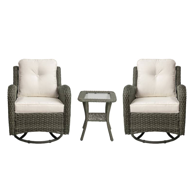 3-Piece Patio Rattan Swivel Cushioned Rocking Chair Set With Side Table