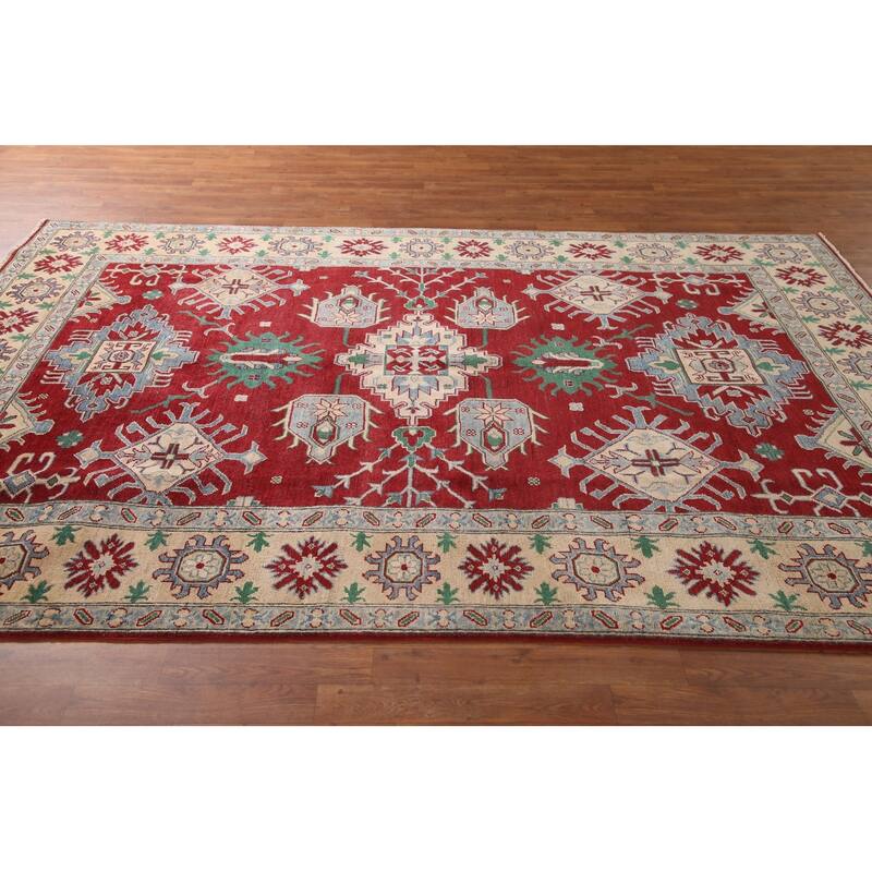 Kazak Area Rug Handmade Geometric Red Wool Carpet - 6'6" x 9'11"