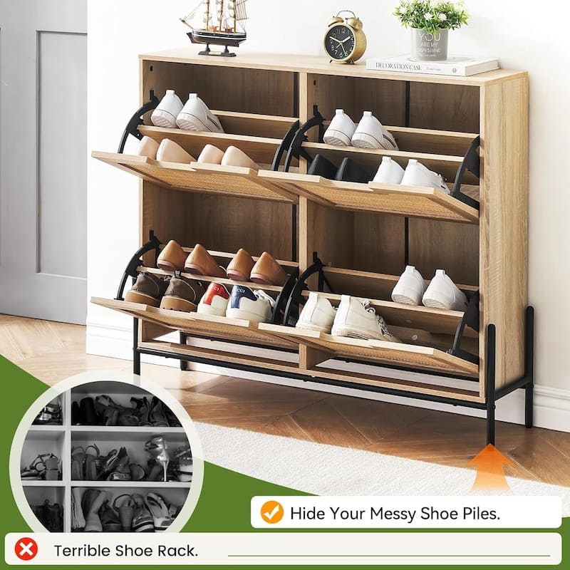 4-Door Freestanding Rattan Shoe Cabinet Organizer with Adjustable Shelves