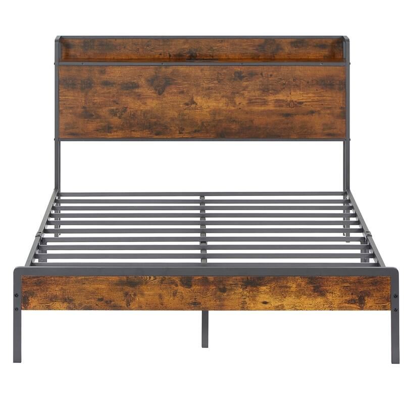 Metal Bed Frame with Charging Station and Slats