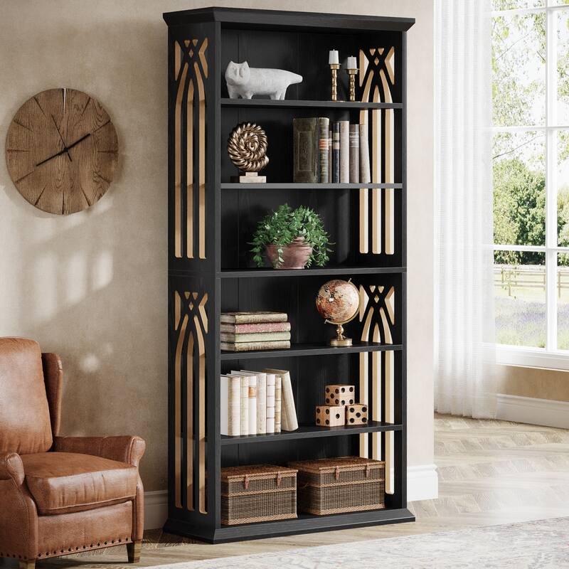 7-Tier Wood Bookshelf, 75 Inch Tall Bookcase Display Shelves - Black