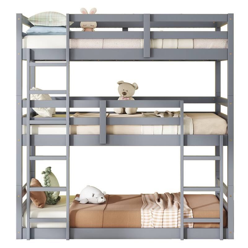 Roomfitters Triple Rubber Wood Bunk Bed, Detachable Twin over Twin over Twin with Ladders and Guardrails