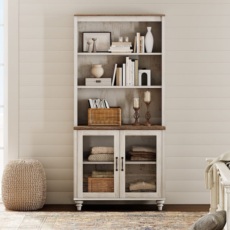 Rustic White Bookcase with Doors, Large Wood Farmhouse Book Case Shelf