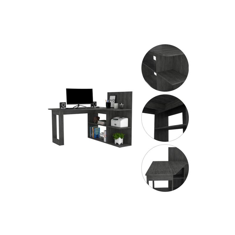 Kochi L-Shaped Desk - Gray Corner Computer Workstation with Storage Shelves