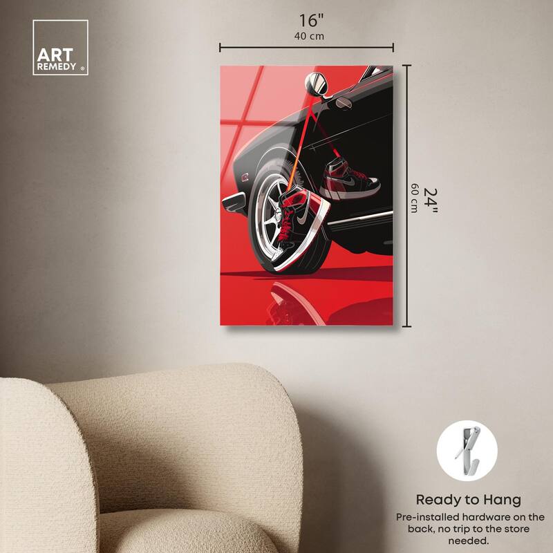 Red Bold Sneaker and Car Acrylic by Art Remedy, Ready to Hang