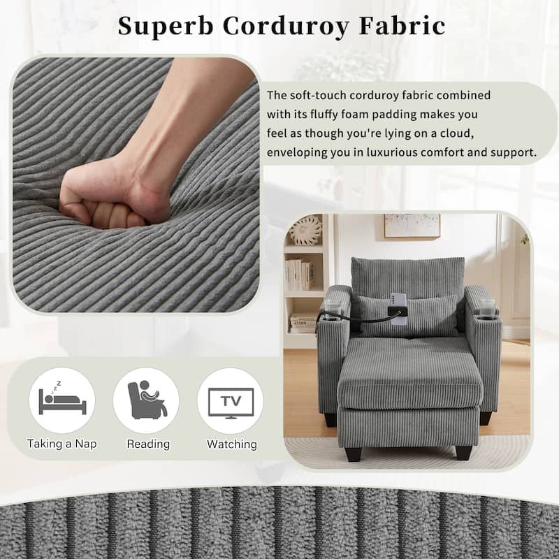 Convertible Chaise Lounge Sofa Chair with USB Ports, Storage 37.4" Corduroy Sleeper Sofa Bed with Adjustable Backrest