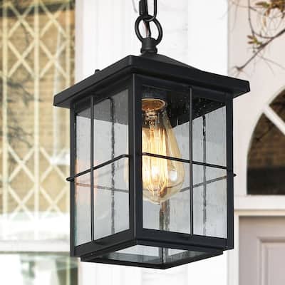 Bern Farmhouse 1-Light Black Lantern Outdoor Pendant Lights - L 6" x W 6" x H 11.5"