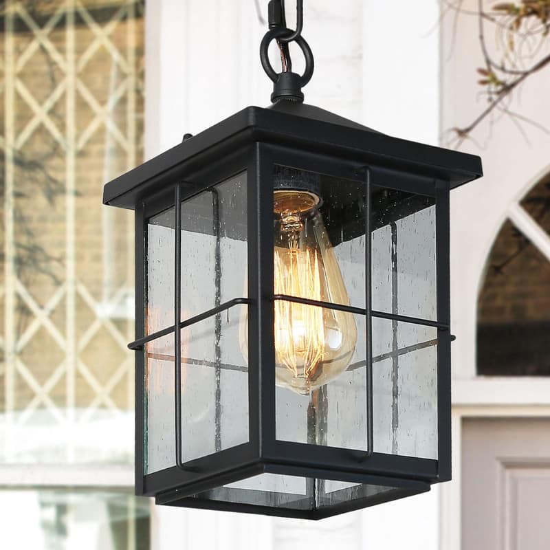 Bern Farmhouse 1-Light Black Lantern Outdoor Pendant Lights - L 6" x W 6" x H 11.5"