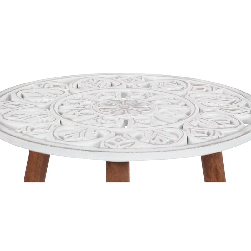 Wood Floral Handmade Intricately Carved Side End Accent Table with 3 Slender Legs - White - Roche River Decor