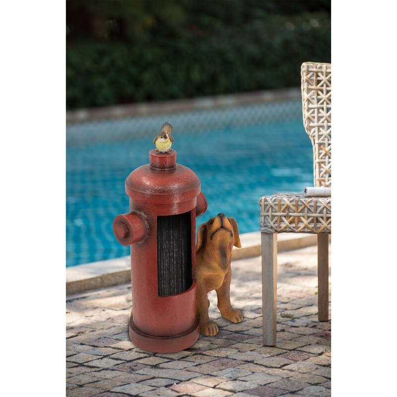 16.2x11x26.8" Red Fire Hydrant Water Fountain with Dog and Bird Accents, Outdoor Fountian with Light and Pump