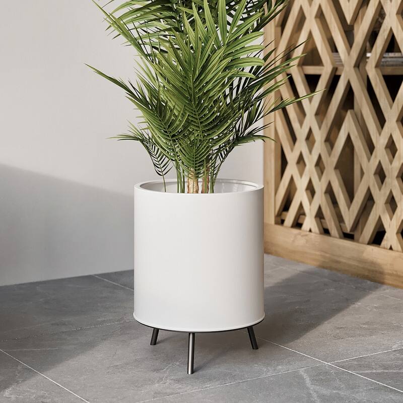 Raya White Mid-Century Modern Indoor Metal Pot Planter with 3-Leg Metal Base - 16" H  x 12.25" W - Black