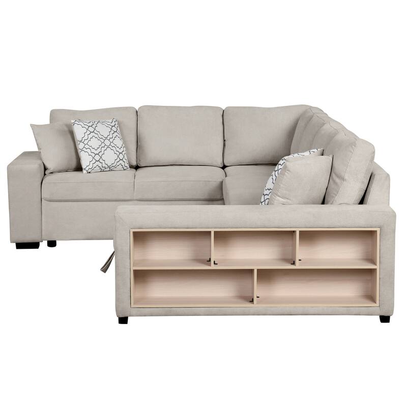Roomfitters U-Shaped Sectional Sofa with Pull-Out Bed, Two USB Ports, Storage Chaise Lounge, and Four Back Pillows