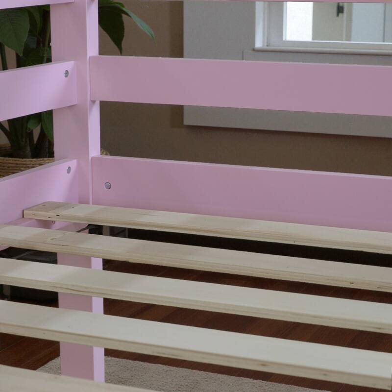 Twin Over Twin Floor Bunk Bed with House Roof Design, Rubber Wood Frame, Ladder and Guardrails for Kids Bedroom