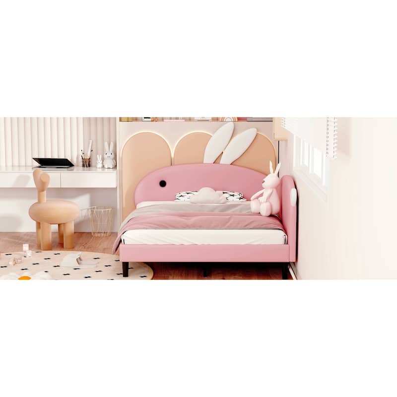 Full size Upholstered Rabbit-Shape Daybed, Sofabed with Rabbit Ear Headboard, Pink