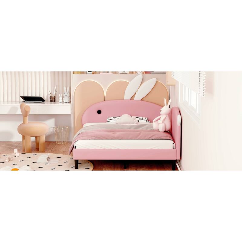 Pink Rabbit-Ear Headboard Upholstered Daybed, Full Size Sofa Bed