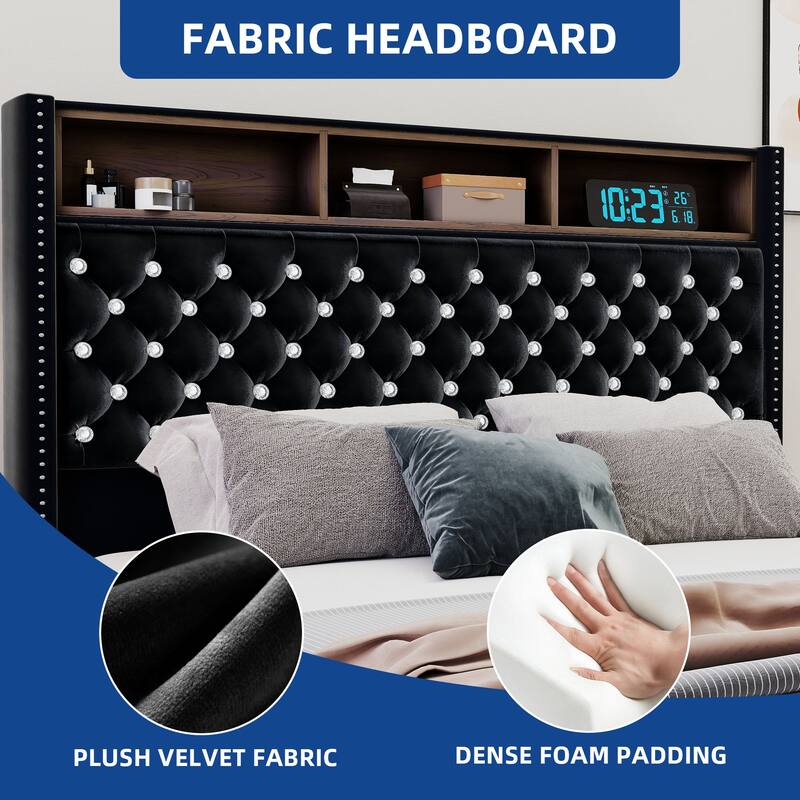 Moasis King Size Velvet Upholstered Bed Frame with Storage Headboard with USB Charging Stations