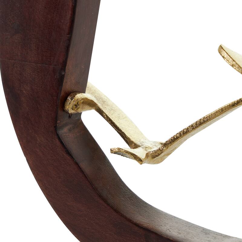 Gold Aluminum Metal Bird Sculpture with Brown Wooden Frame and Marble Base