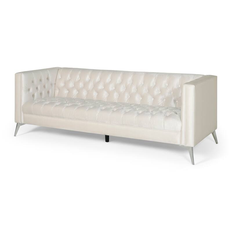 Beige Modern 86.75" Faux Leather Button Tufted 3-seater Sofa with Smooth T-shaped Iron Legs for Living Room