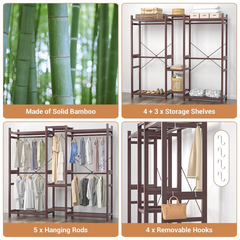 Bamboo Closet System Clothes Rack, Large Freestanding Garment Rack Clothing Rack for Hanging Clothes