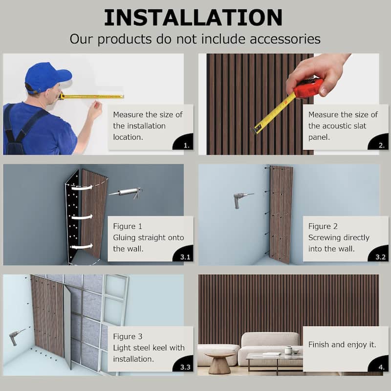 47" * 23" 3D Wood Slat Acoustic Wall Panels for Wall and Ceiling Decor, 4 Pcs - 47.24 inches D × 23.62 inches W × 0.82 inches H