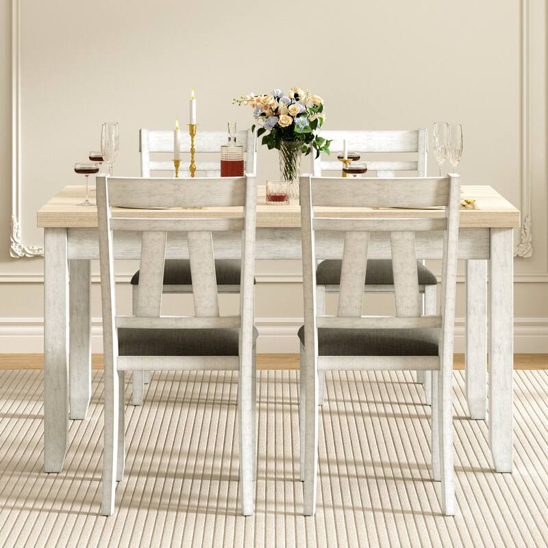 Javlergo Dining Table Set, Solid Wood Kitchen Table Set with 4 Upholstered Chairs for Kitchen