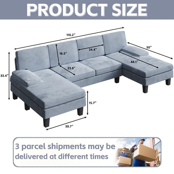 dimension image slide 1 of 3, Furniwell Corduroy Modern U-section Modular Sofa