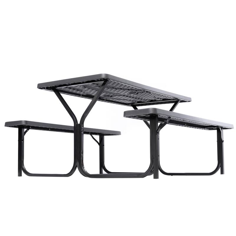 Outdoor Woodgrain Picnic Table Set with Metal Frame, Gray