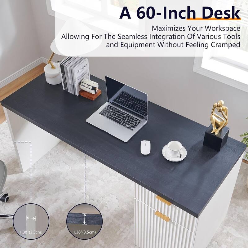 60" Modern Executive Desk, Wood Home Office Desk, Fluted Computer Desk