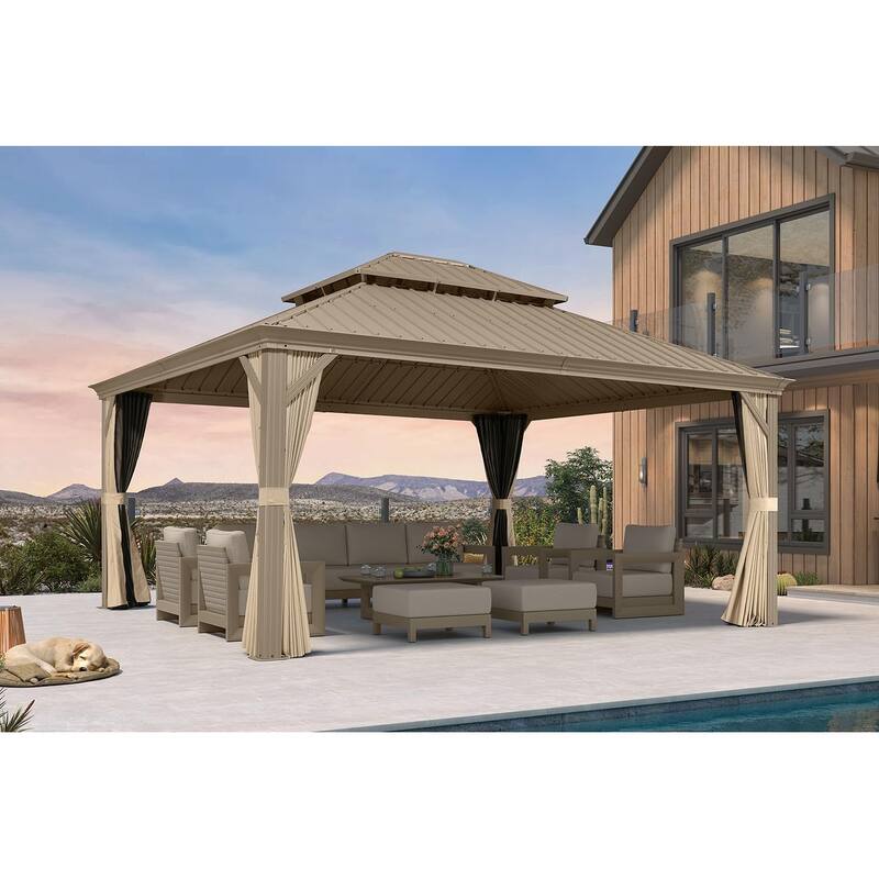 PURPLE LEAF Outdoor Hardtop Gazebo Pro Champagne Metal Frame Galvanized Steel Double Roof with Curtains and Netting for Poolside - 14' x 16' - Champagne Pro