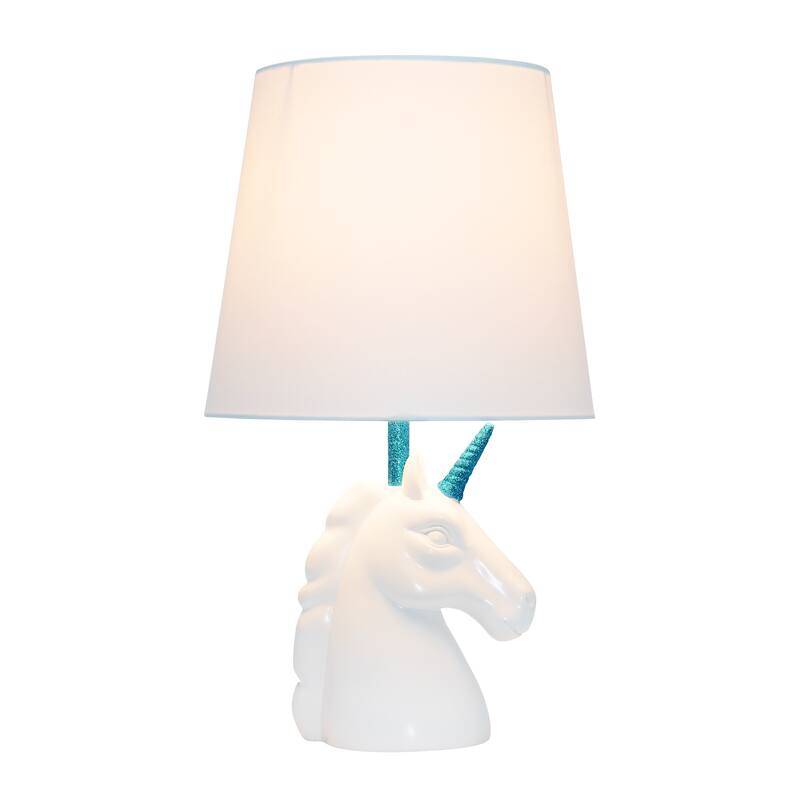Simple Designs 15.5" Sparkling Glitter Unicorn Table Lamp, White with Blue Glitter, With LED Bulb