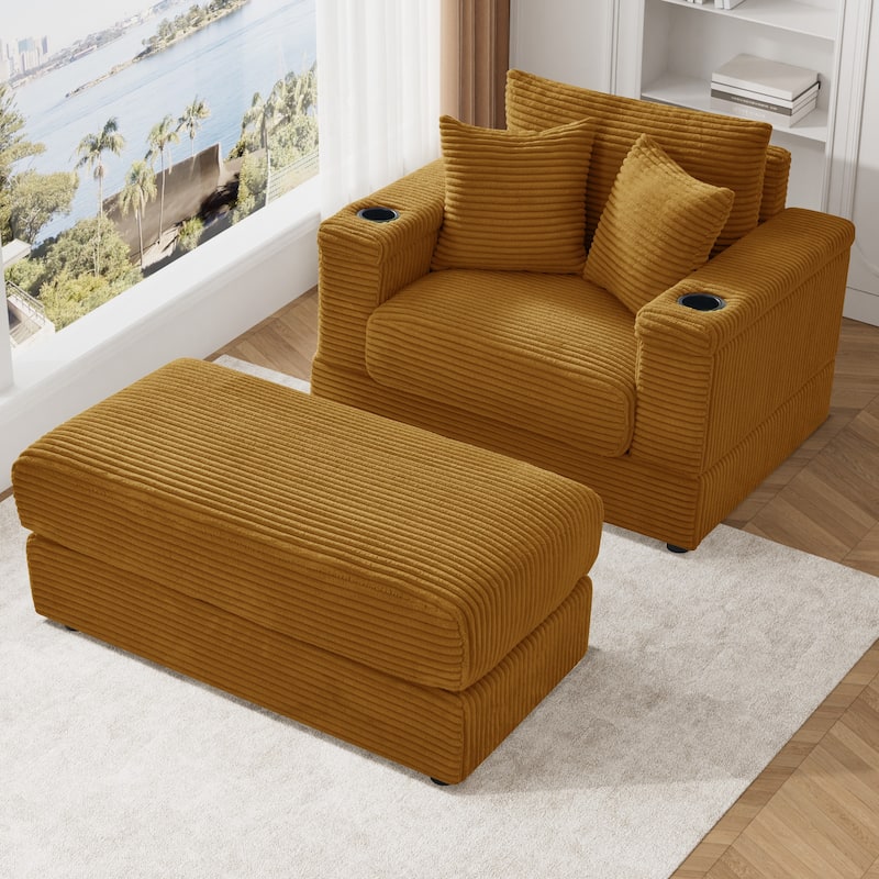 Ouyessir Upholstered Deep Seat Single Sofa with Ottoman for Living Room