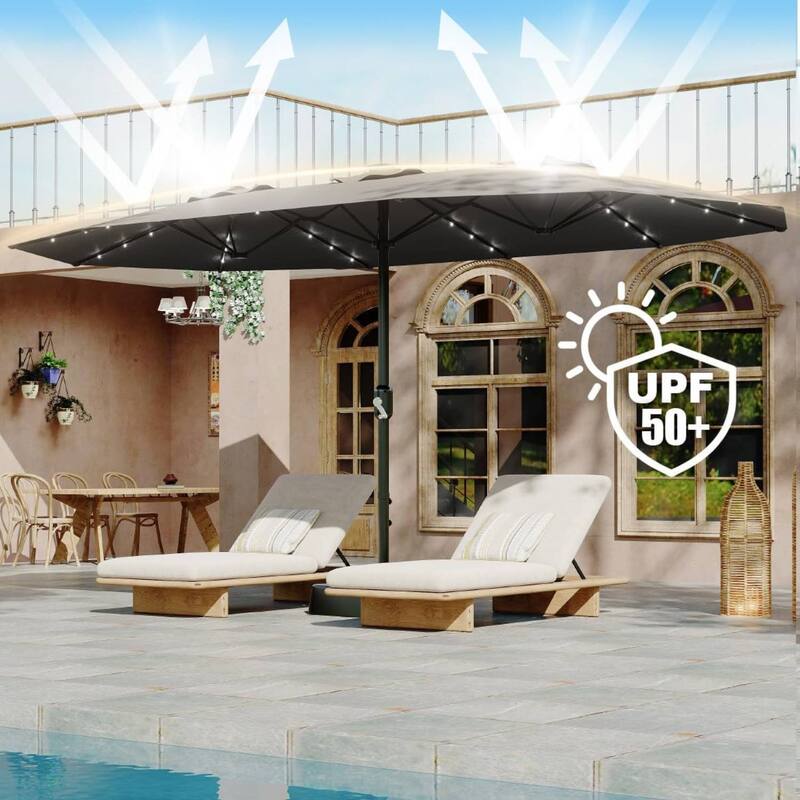 15FT Double-Sided Patio Umbrella with with LED and Base Included for Pool Lawn Garden