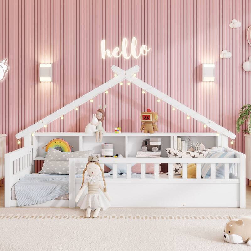 Twin/Full Floor Bed with Storage Bookshelves & Roof Shape for Kids