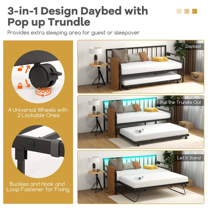 Costway Twin Size Daybed with Pop-up Trundle Charging Station & LED