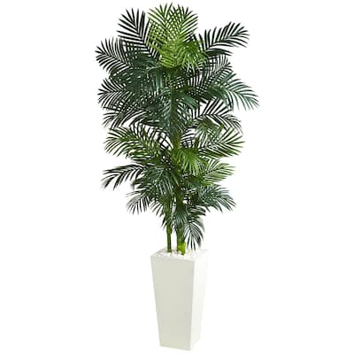 Golden Cane Palm Artificial Tree in White Tower Planter - Green