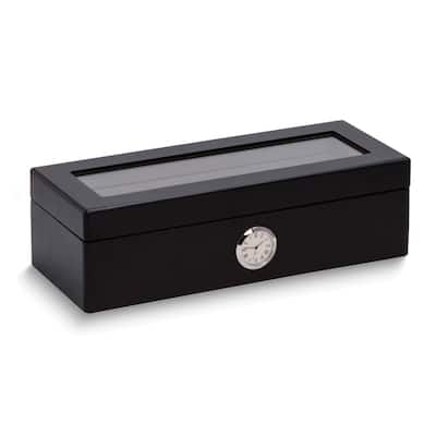 Curata Matte Black Finish Glass Lid Velour Lined with Quartz Clock Wooden 4-Watch Case