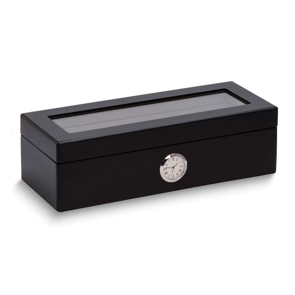 Curata Matte Black Finish Glass Lid Velour Lined with Quartz Clock Wooden 4-Watch Case