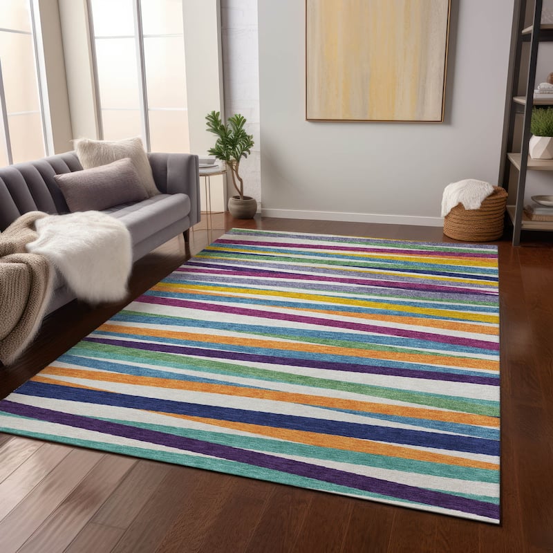 Machine Washable Indoor/ Outdoor Modern Stripes Chantille Rug - White - 10' x 14'