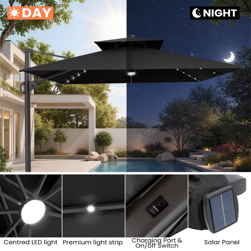12 x 9 FT Outdoor Patio Cantilever Umbrella with Solar Lights Double Canopy 360 Rotation Tilt