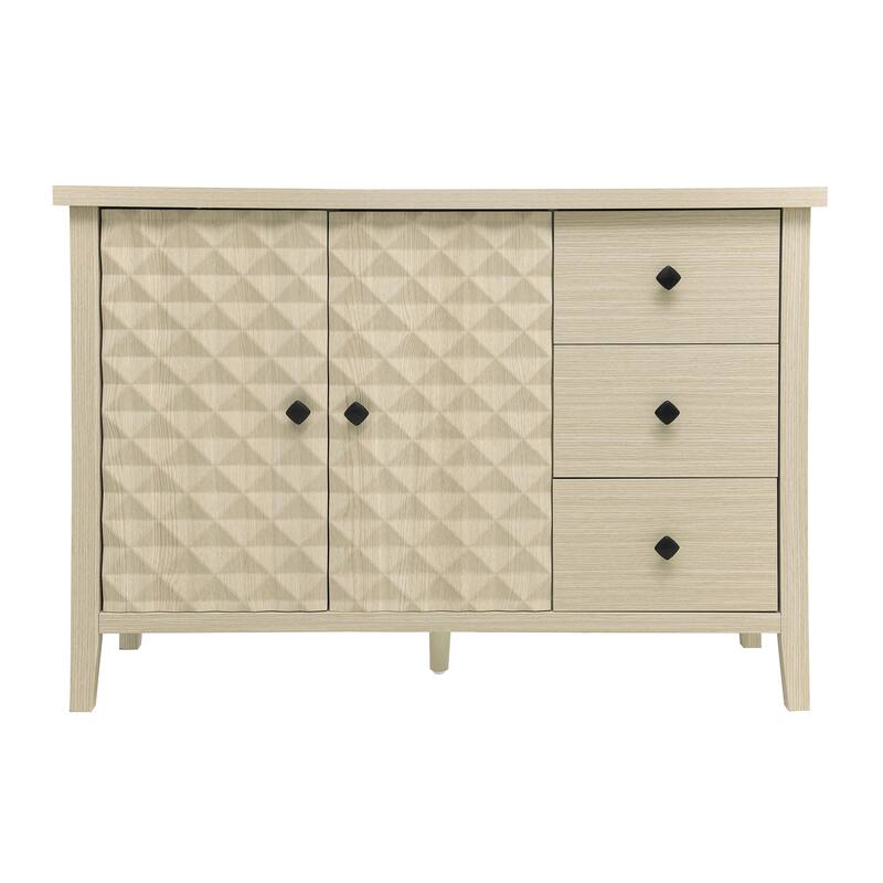 Buffet Cabinet with 2 Embossed Doors, Kitchen Wooden Storage Cabinet, Accent Cabinet with 3 Drawers & Adjustable Shelves