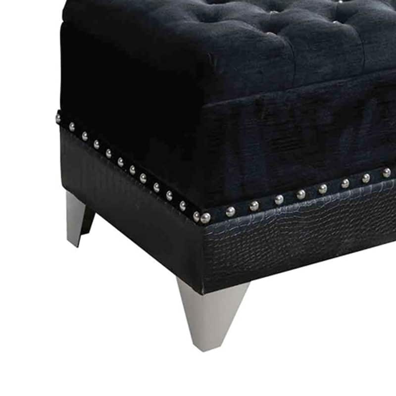 Leatherette Storage Bench with Nailhead Trims and Button Tufted Seat, Black