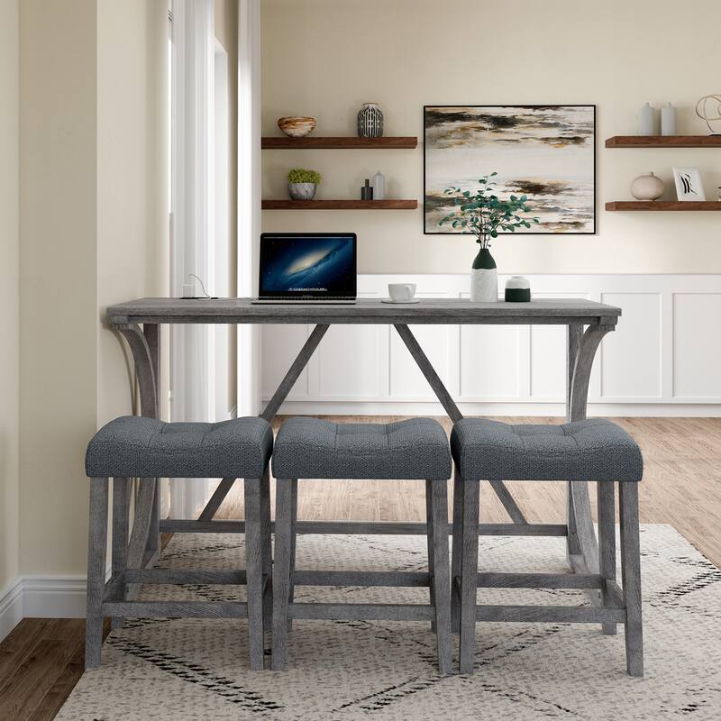 Rustic 4-Piece Dining Set with Rectangular Table, Power Outlet & 3 Chairs