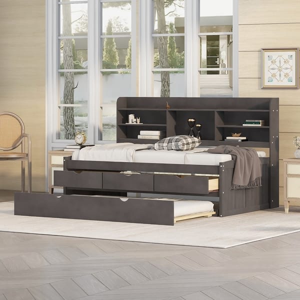 slide 2 of 13, Twin Wooden Captain Bed with Bookshelves, Trundle, and Drawers, Antique Grey Antique Grey