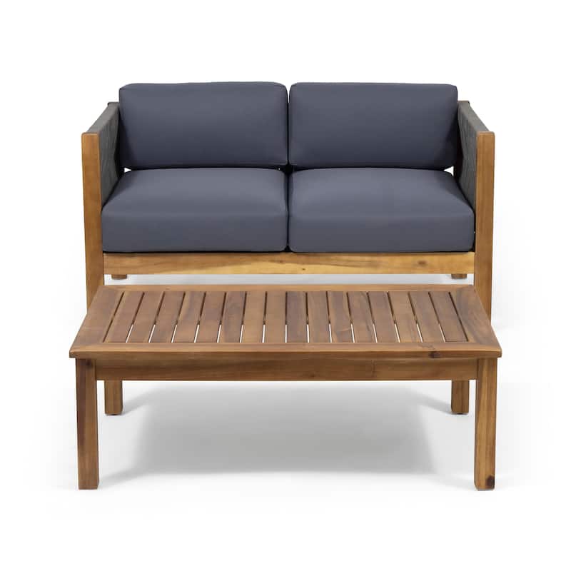 2 Pieces Patio Furniture Set, All-Weather Loveseat with Wood Table