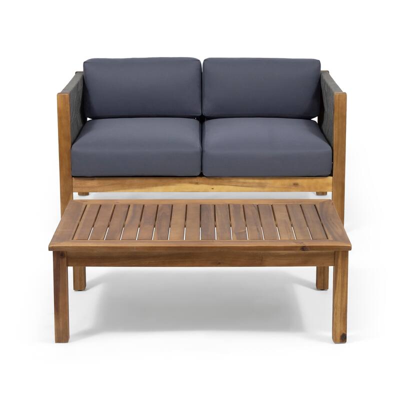 Roomfitters 4 Pcs Outdoor Chat Set with Woven Rope Club Chairs, Loveseat and Slatted Coffee Table, Natural+Grey