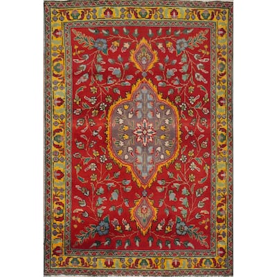 Hand Knotted Oriental 100% Wool Carpet Traditional Floral Red Tabriz Area Rug - 4' 8'' X 3' 4''