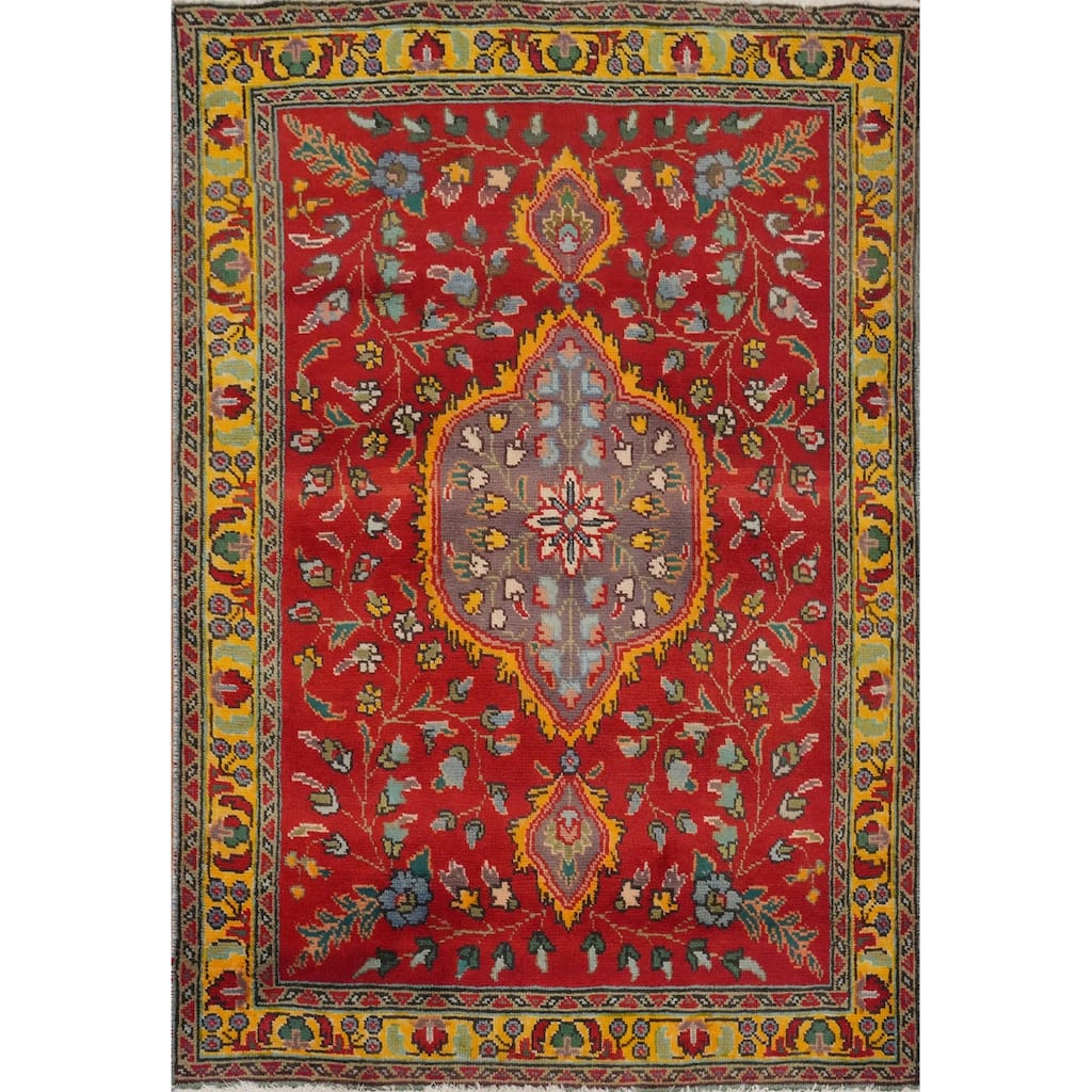 Hand Knotted Oriental 100% Wool Carpet Traditional Floral Red Tabriz Area Rug - 4' 8'' X 3' 4''