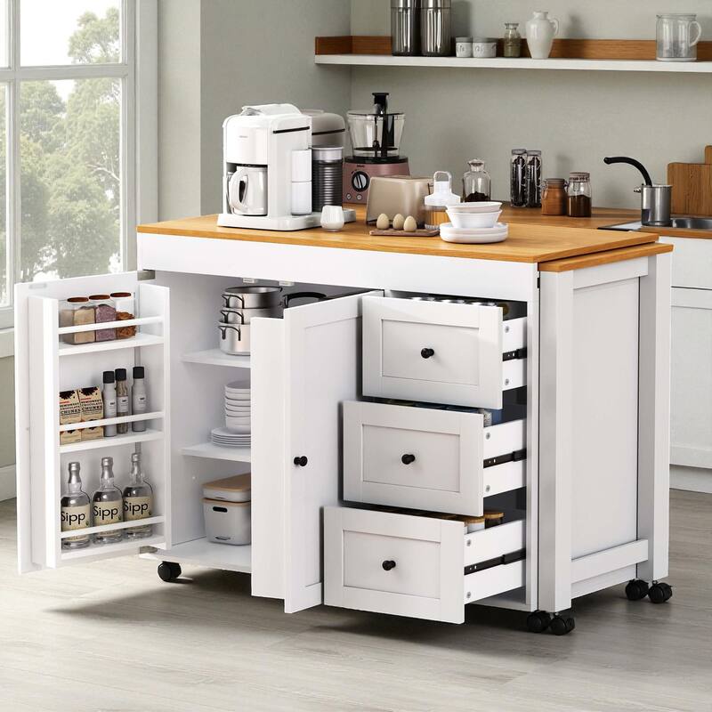 Kitchen Island with Extendable Dining Table, Power Outlet, Rolling Storage Cart with 3 Drawers, 2-Door Cabinet, and Spice Rack