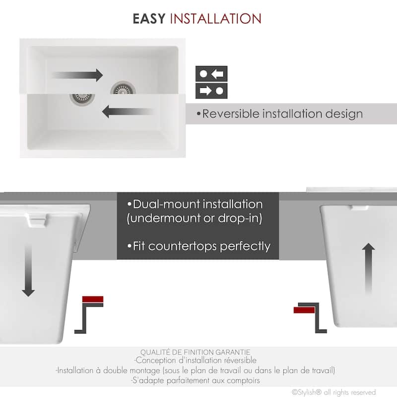 STYLISH 25 inch Single Bowl Dual Mount Composite Granite Utility Sink