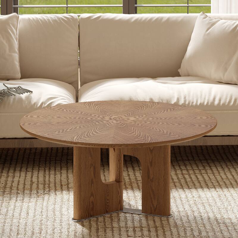 Compact Round Coffee Table Low Height Profile Center Table with Irregular Legs and Natural Ash Wood Veneer Wood Grain